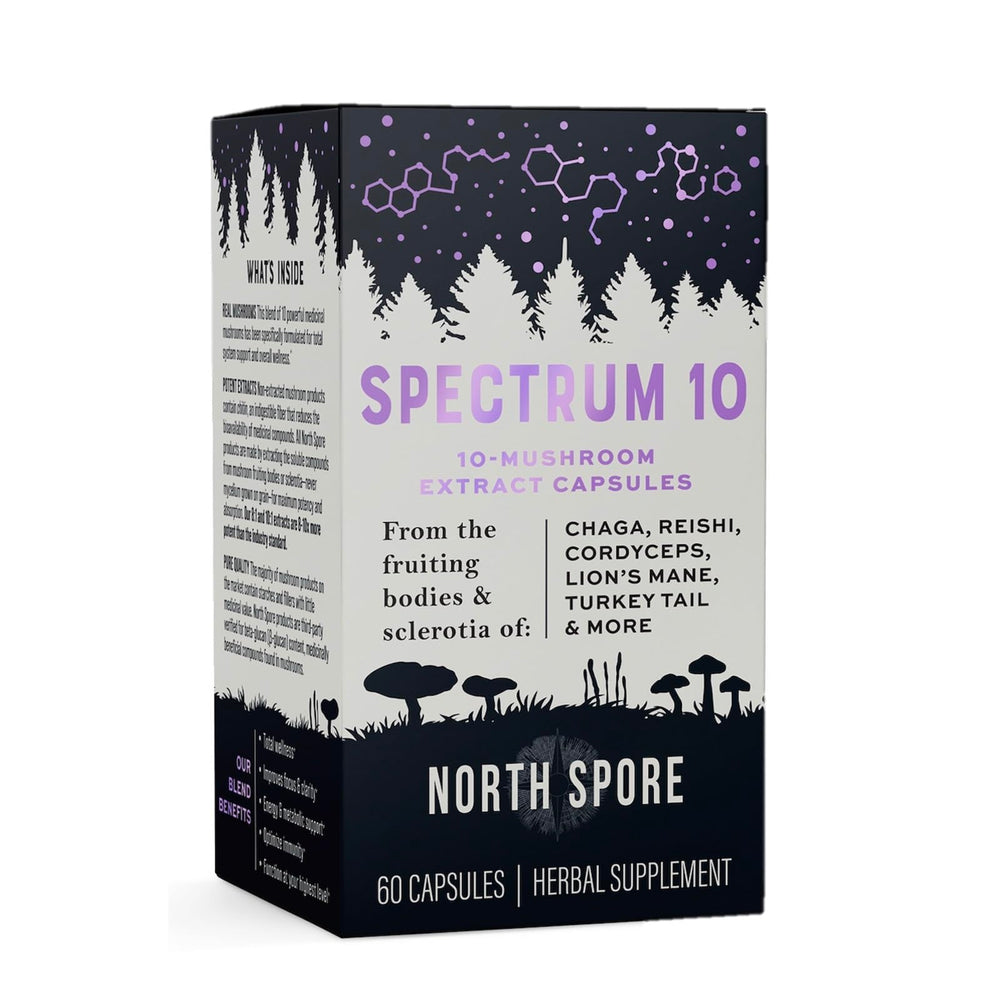 North Spore Spectrum 10 bottle label close-up showing organic vegan mushroom complex.
