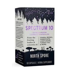 North Spore Spectrum 10 bottle label close-up showing organic vegan mushroom complex.