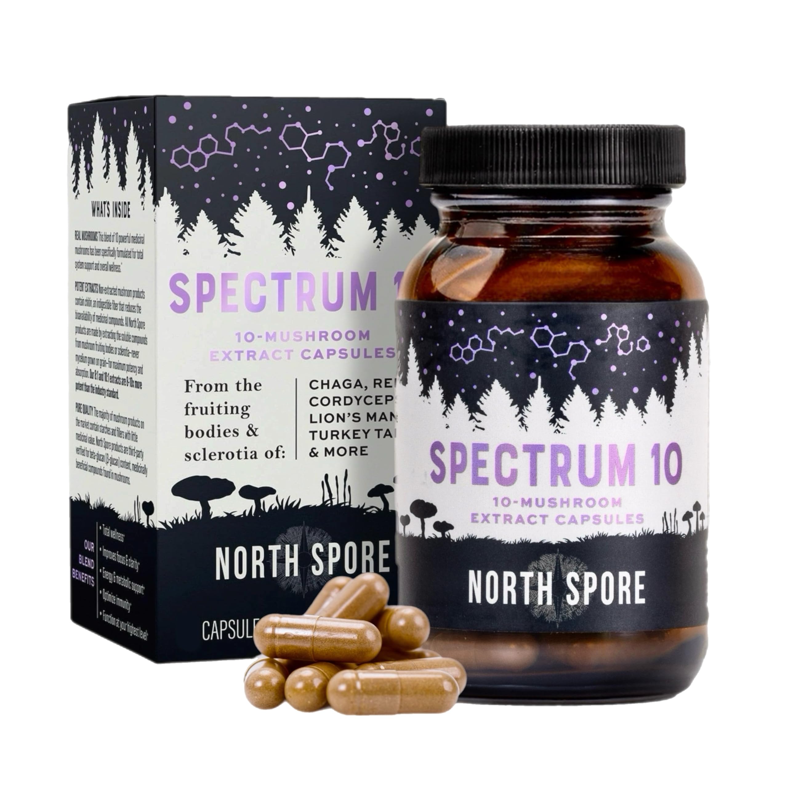 North Spore Spectrum 10 capsules bottle showing daily wellness support.