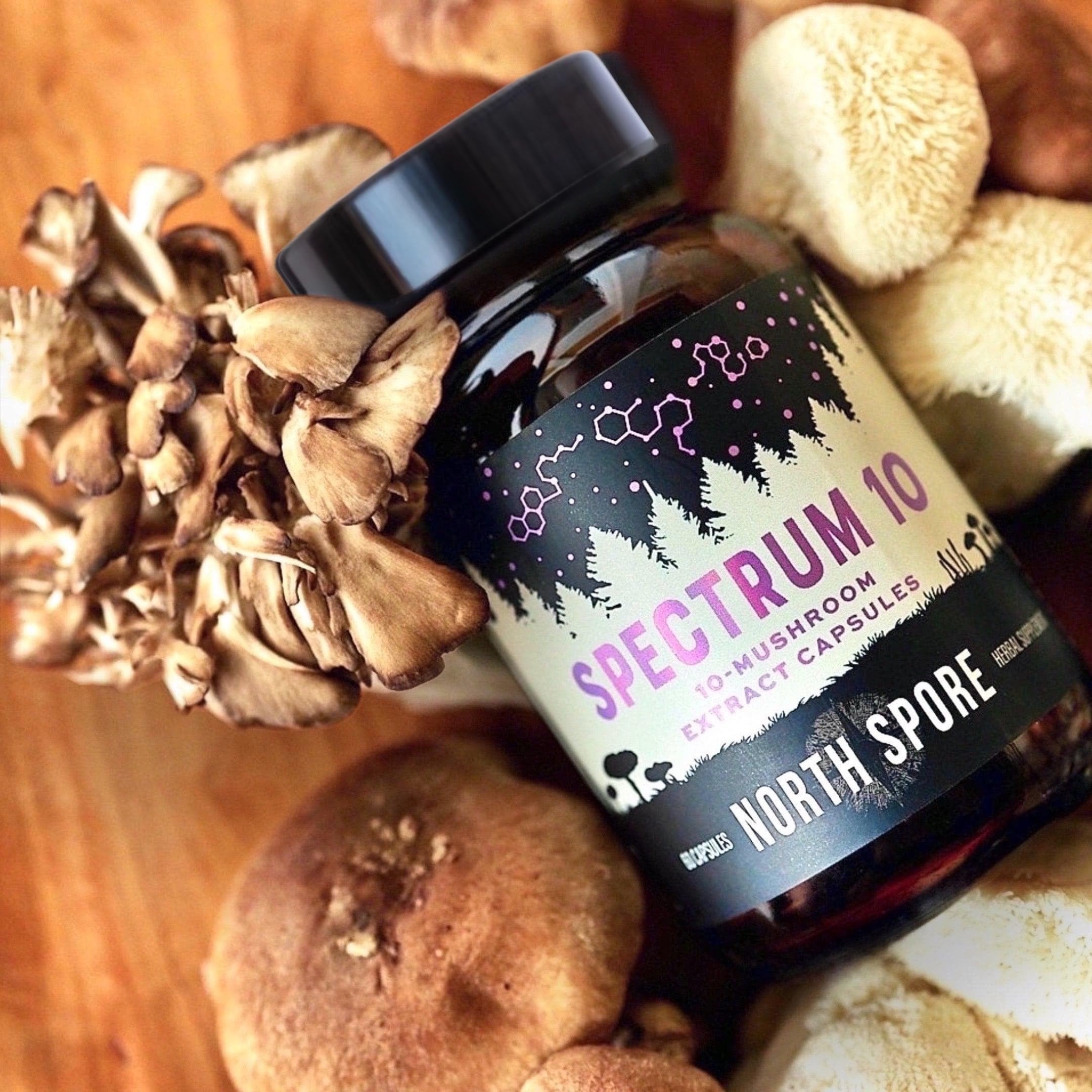North Spore Spectrum 10 capsules on white background signaling vegan and organic credentials.