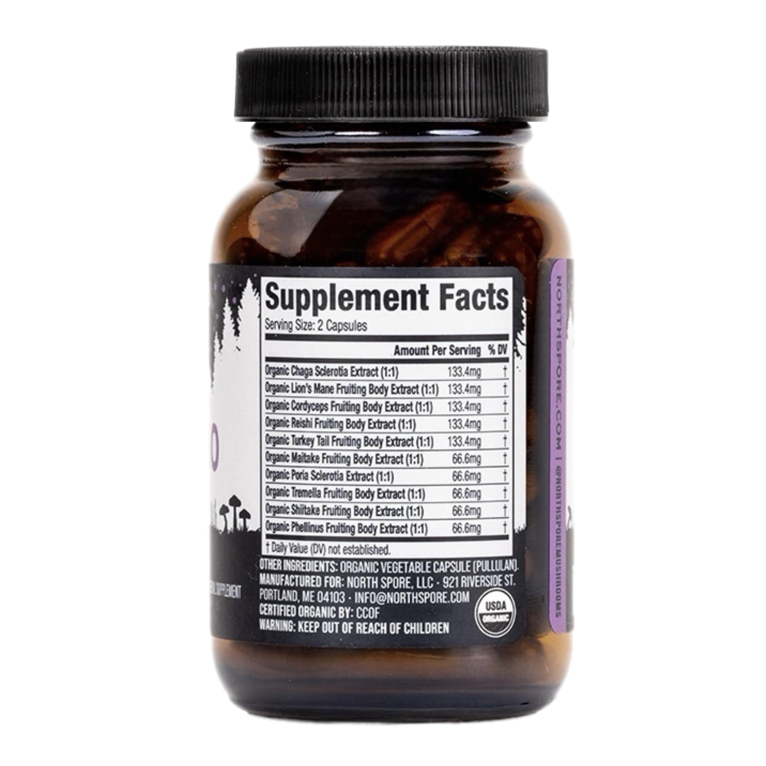 North Spore Spectrum 10 capsules packaging conveys vegan, organic supplement credibility.