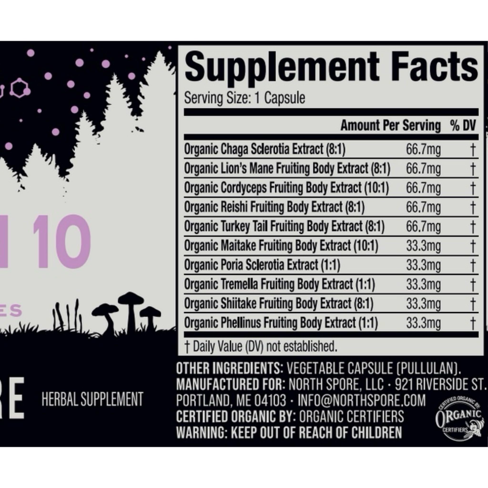 North Spore Spectrum 10 label shows vegan and organic certification for mindful wellness.
