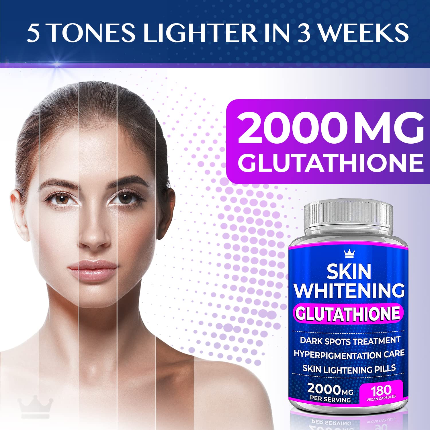 Northern Crown Cosmetics Glutathione bottle side panel shows dosage and vegan status.