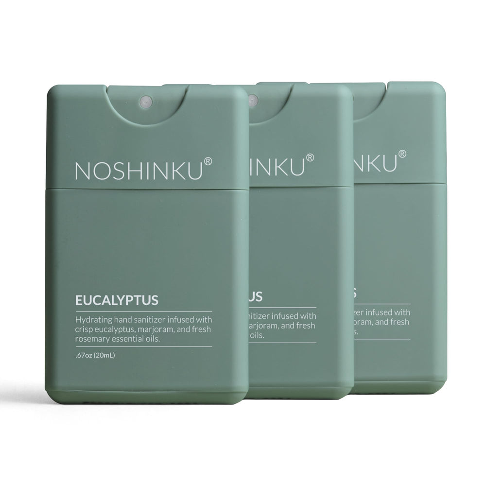 Noshinku eucalyptus refillable hand sanitizer spray in a travel-size pack for on-the-go cleansing.