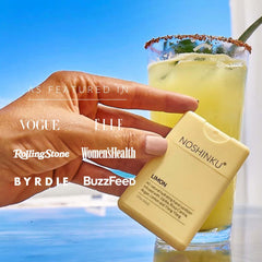 Noshinku hand sanitizer with bergamot and cedar oils for skin softness.