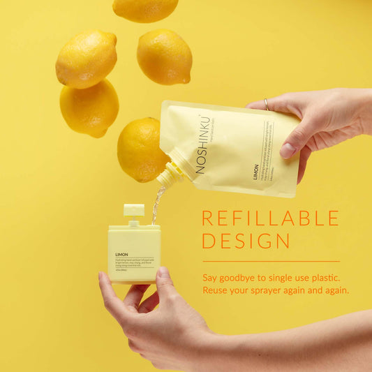 Noshinku may chang scent refillable sanitizer bottle delivers a citrusy, natural fragrance.