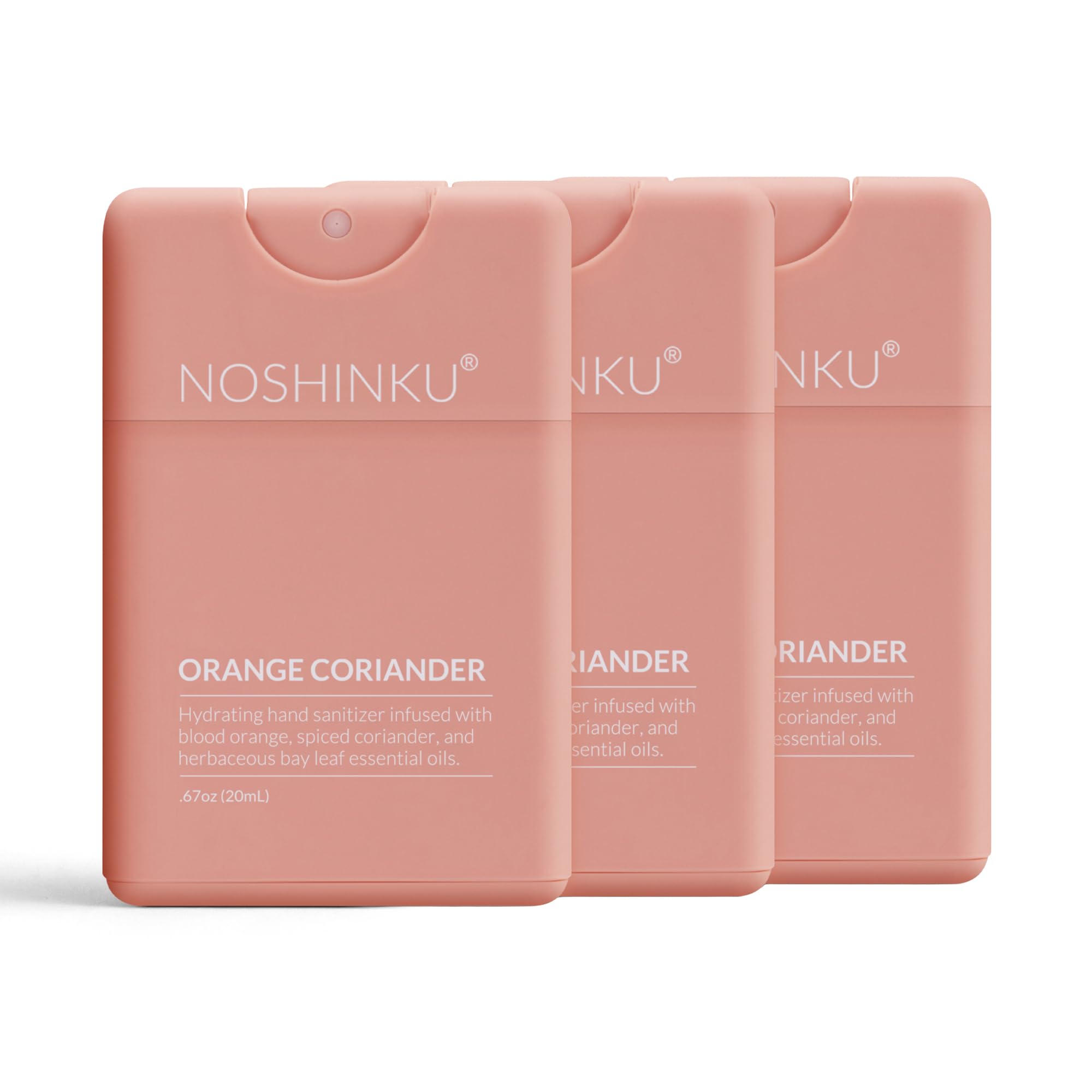 Noshinku Orange Coriander pocket sprayer front, compact travel sanitizer with moisturizing oils.