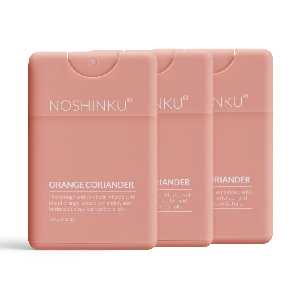 Noshinku Orange Coriander pocket sprayer front, compact travel sanitizer with moisturizing oils.