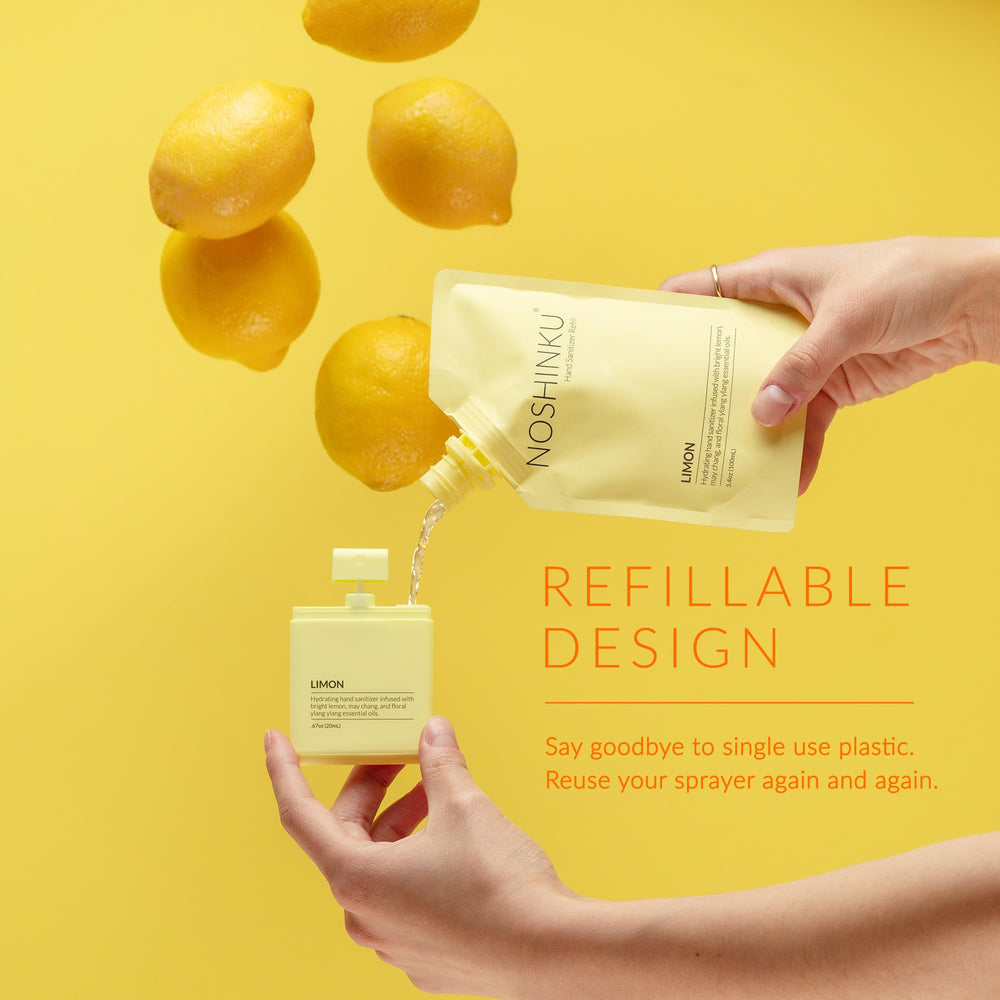 Noshinku limon refillable pocket sprayer features zesty citrus and quick-drying action.