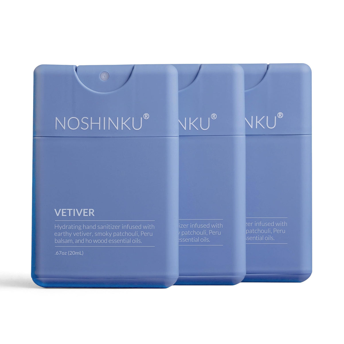 Noshinku refillable sanitizer 3-pack with vetiver bottles for eco-friendly travel.