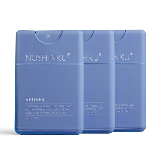 Noshinku refillable sanitizer 3-pack with vetiver bottles for eco-friendly travel.