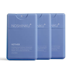 Noshinku refillable sanitizer 3-pack with vetiver bottles for eco-friendly travel.