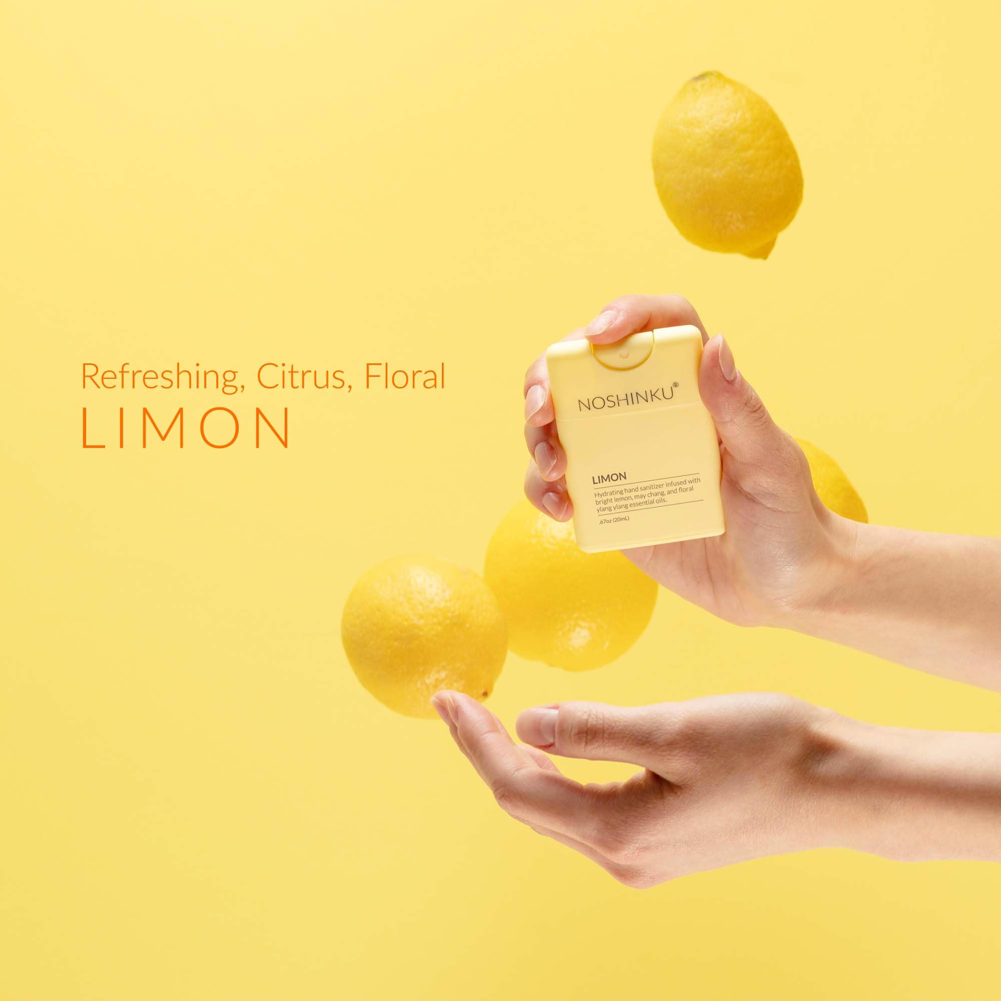 Noshinku ylang-ylang scent refillable sanitizer bottle evokes floral notes while moisturizing.