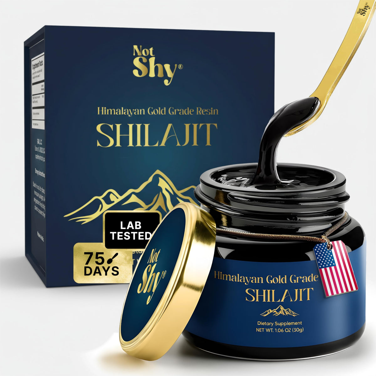 NOTSHY Gold Grade Himalayan Shilajit resin jar for daily wellness rituals.