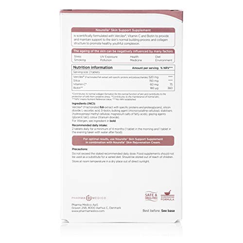 Nourella Skin Support tablet bottle close-up highlighting elasticity support