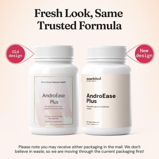 Nourished AndroEase Plus bottle-back shows ingredient highlights to support overall well-being.