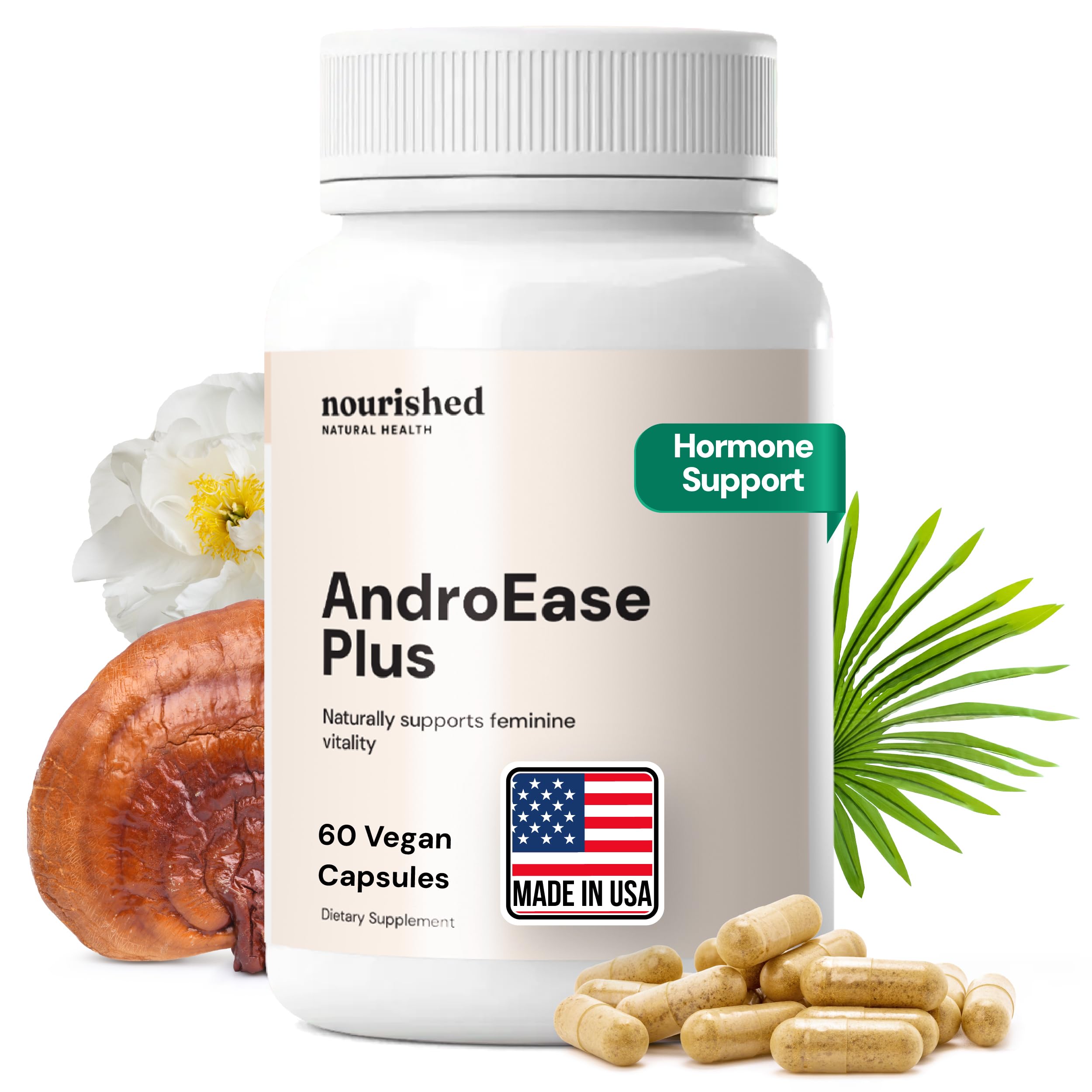 Nourished AndroEase Plus bottle-front promotes gentle daily balance with vegan capsules.