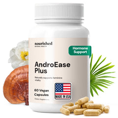 Nourished AndroEase Plus bottle-front promotes gentle daily balance with vegan capsules.