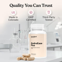 Nourished AndroEase Plus ingredient-bowl shows zinc, reishi, green tea, and saw palmetto.