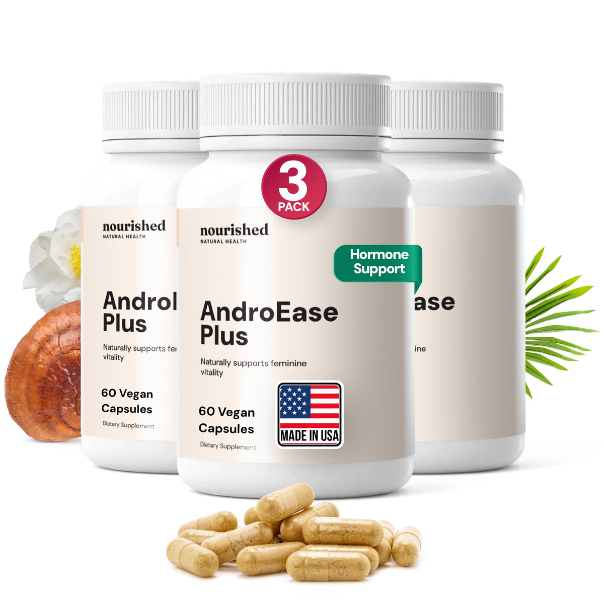 Nourished AndroEase Plus bottle on shelf supports daily balance and vitality.