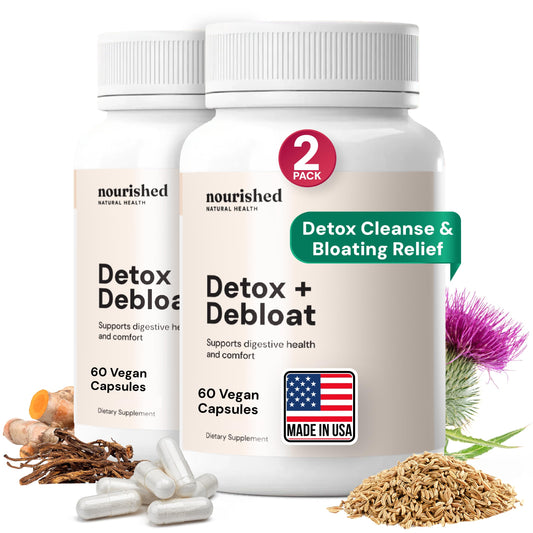 Nourished Natural Health Detox Debloat bottle with pour for gentle daily bloating relief.