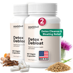 Nourished Natural Health Detox Debloat bottle with pour for gentle daily bloating relief.