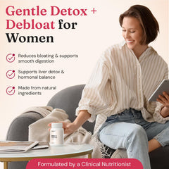Nourished Detox Debloat capsules closeup showing daily use for digestion support.