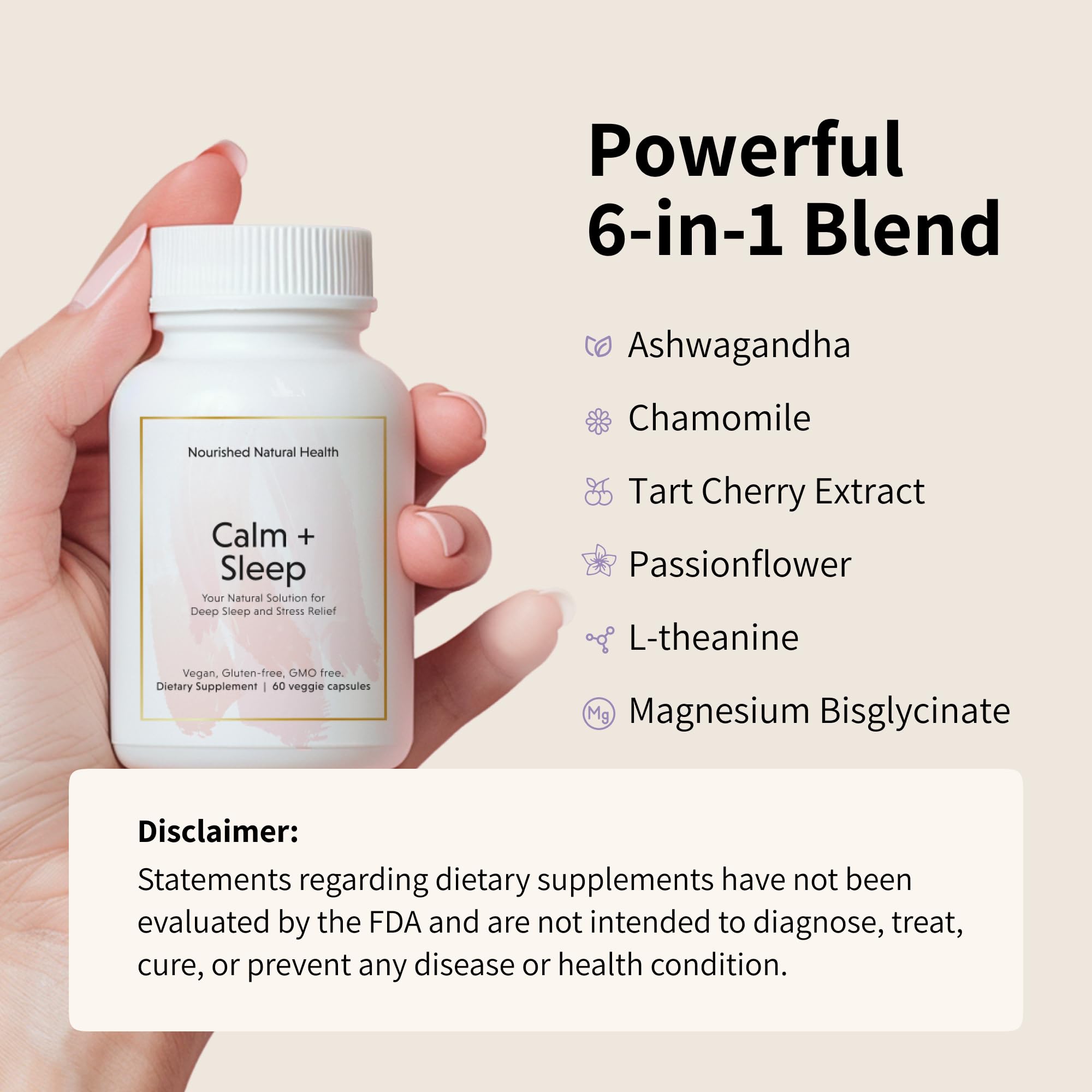 Nourished Natural Health Calm + Sleep image featuring ashwagandha in the formula for calm evenings.