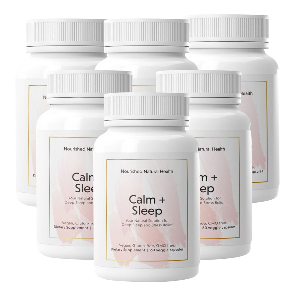 Nourished Natural Health Calm + Sleep bottle showing melatonin-free sleep support for peaceful nights.