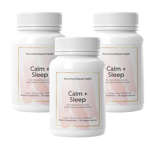 Nourished Natural Health Calm + Sleep bottle promoting relaxed bedtime routine