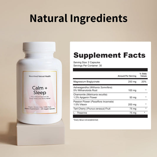 Close-up of Nourished Natural Health Calm Sleep capsules highlighting herbal blend