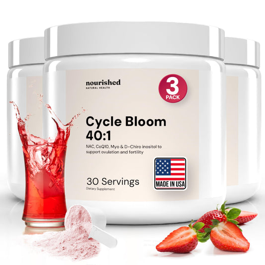 CycleBloom powder tub for daily cycle support from Nourished Natural Health.