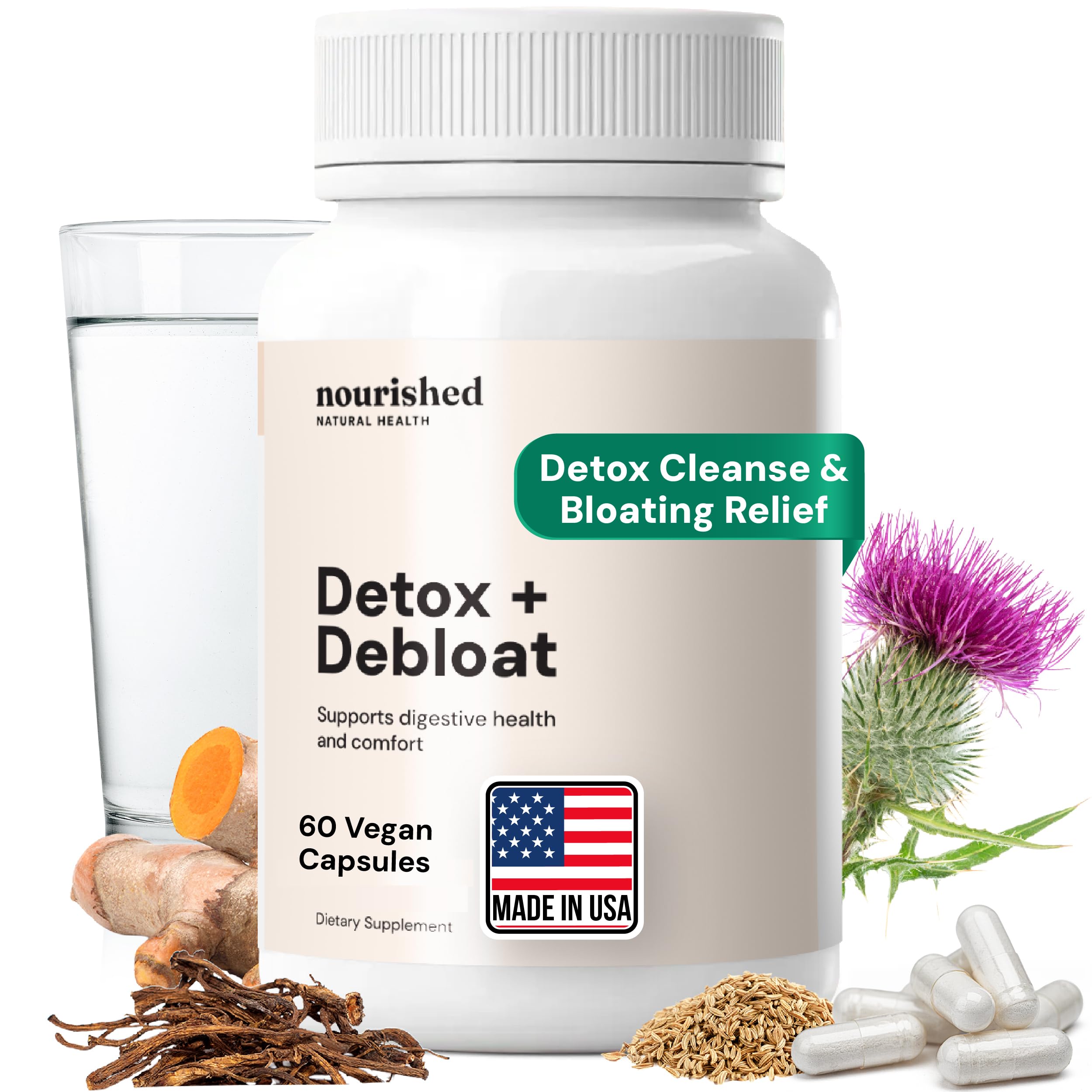 Nourished Natural Health Detox + Debloat bottle front showcases sleek packaging for daily balance.