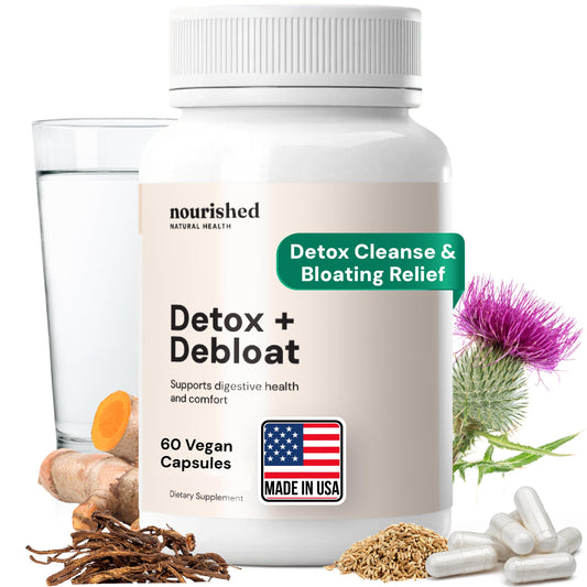 Nourished Natural Health Detox + Debloat bottle front showcases sleek packaging for daily balance.