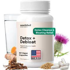 Nourished Natural Health Detox + Debloat bottle front showcases sleek packaging for daily balance.