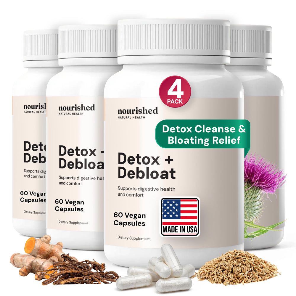 Nourished Natural Health Detox + Debloat bottle showcases convenient daily capsules for gentle bloating relief.