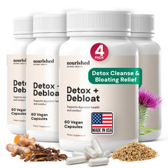 Nourished Natural Health Detox + Debloat bottle showcases convenient daily capsules for gentle bloating relief.