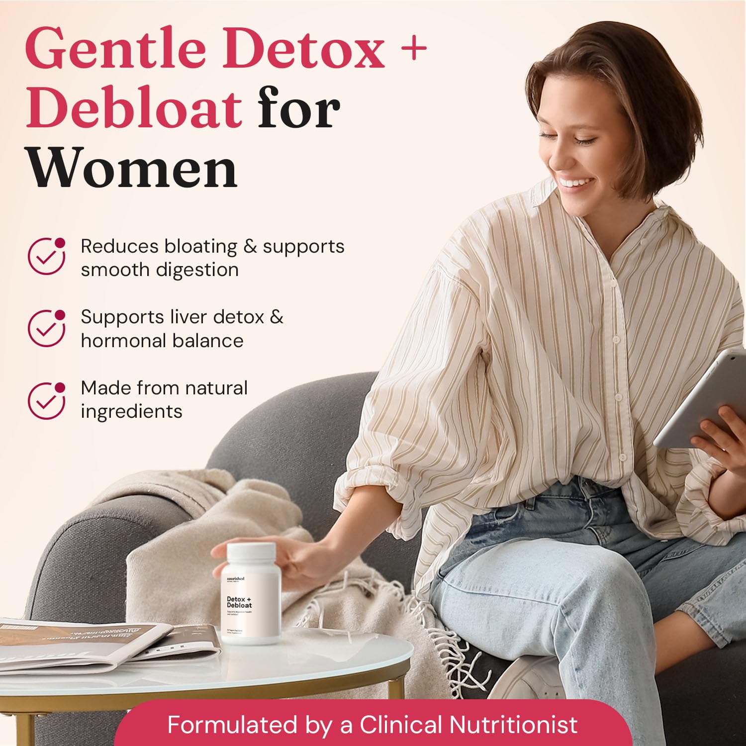 Nourished Natural Health Detox + Debloat capsules provide easy daily use for digestive comfort.