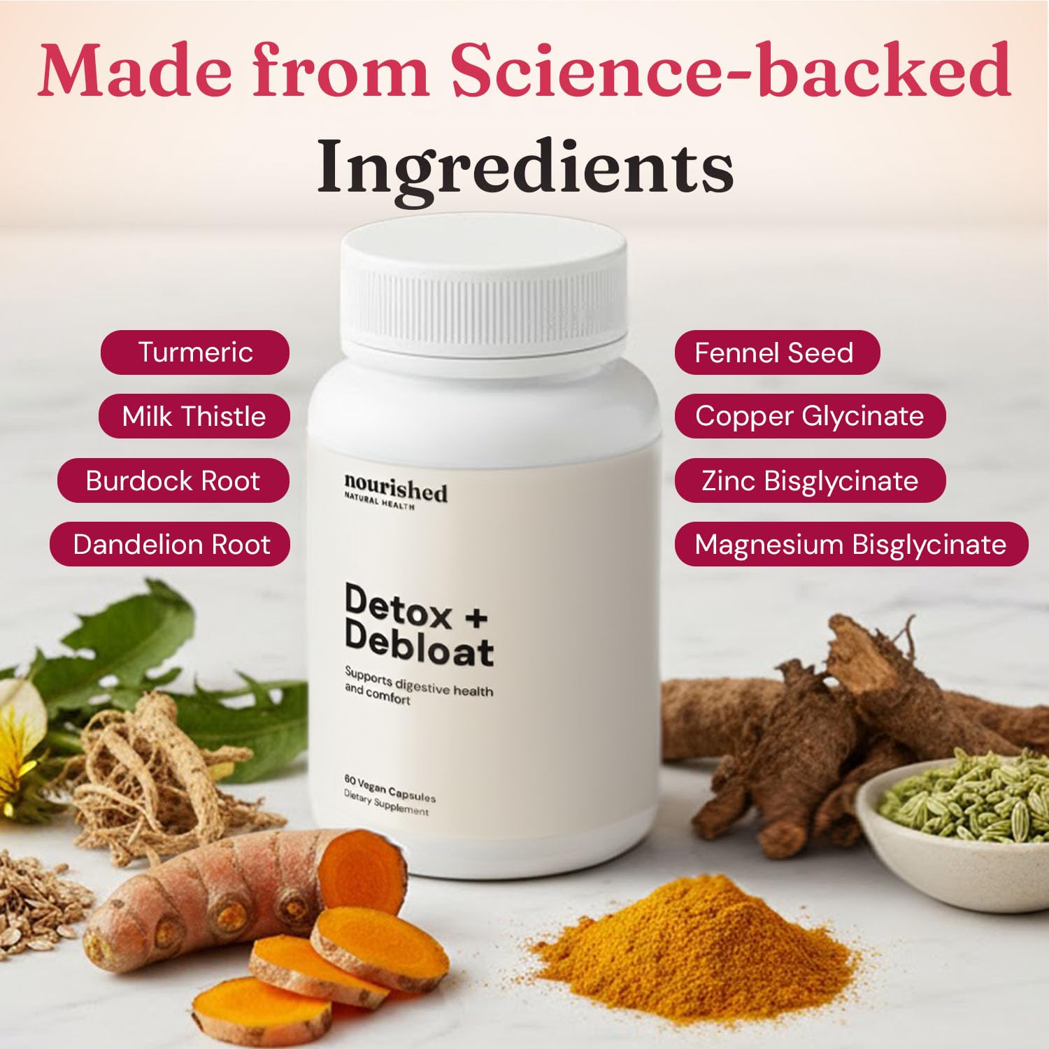 Nourished Natural Health Detox + Debloat label highlights milk thistle, fennel, and dandelion for gut support.