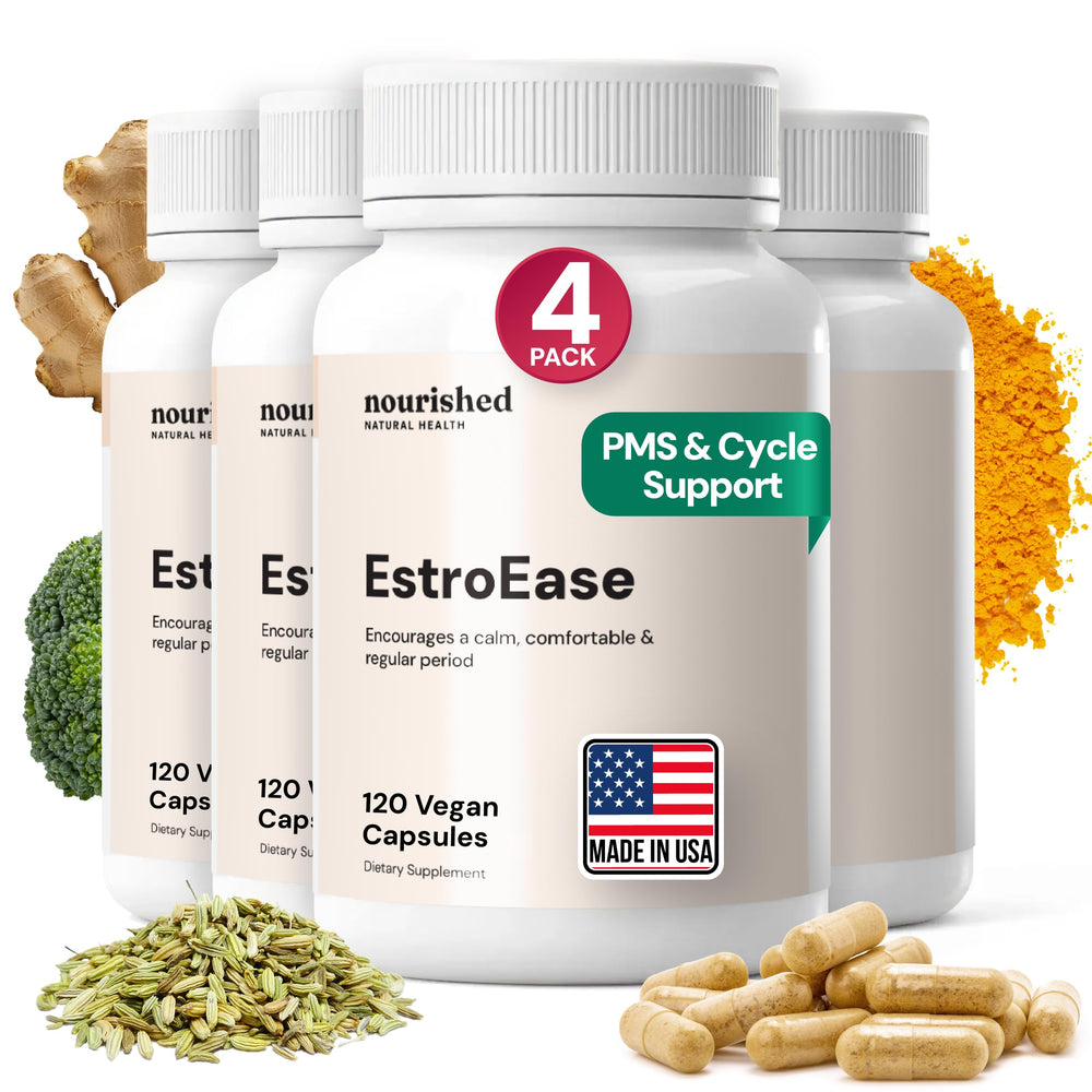 Nourished Natural Health EstroEase bottle front view; vegan, non-GMO formula for hormone balance.