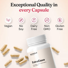 Nourished Natural Health EstroEase capsules close-up; easy-to-take daily vegan capsules.