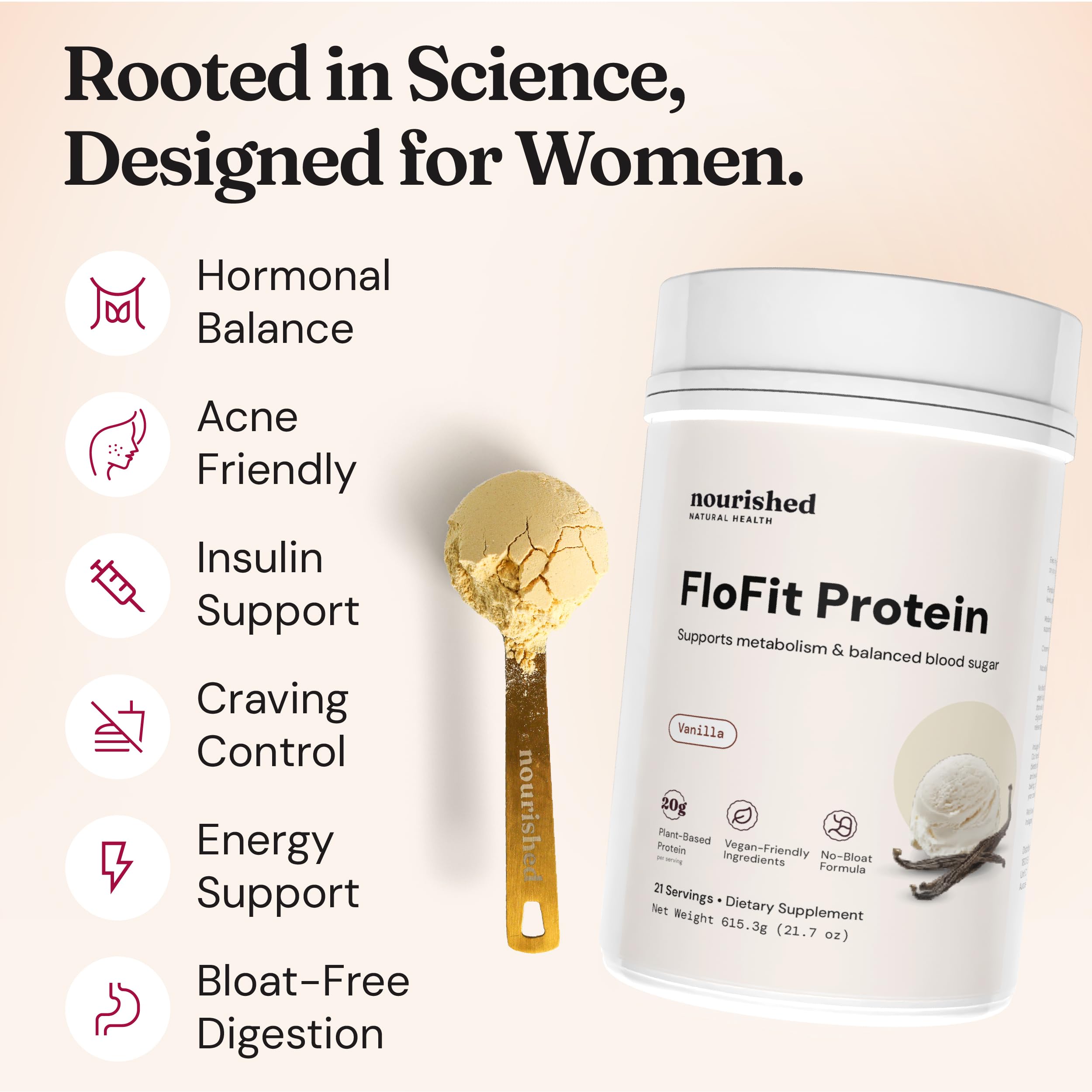 Nourished Natural Health FloFit bag with measuring scoop on kitchen counter for convenient daily use.