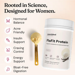 Nourished Natural Health FloFit bag with measuring scoop on kitchen counter for convenient daily use.