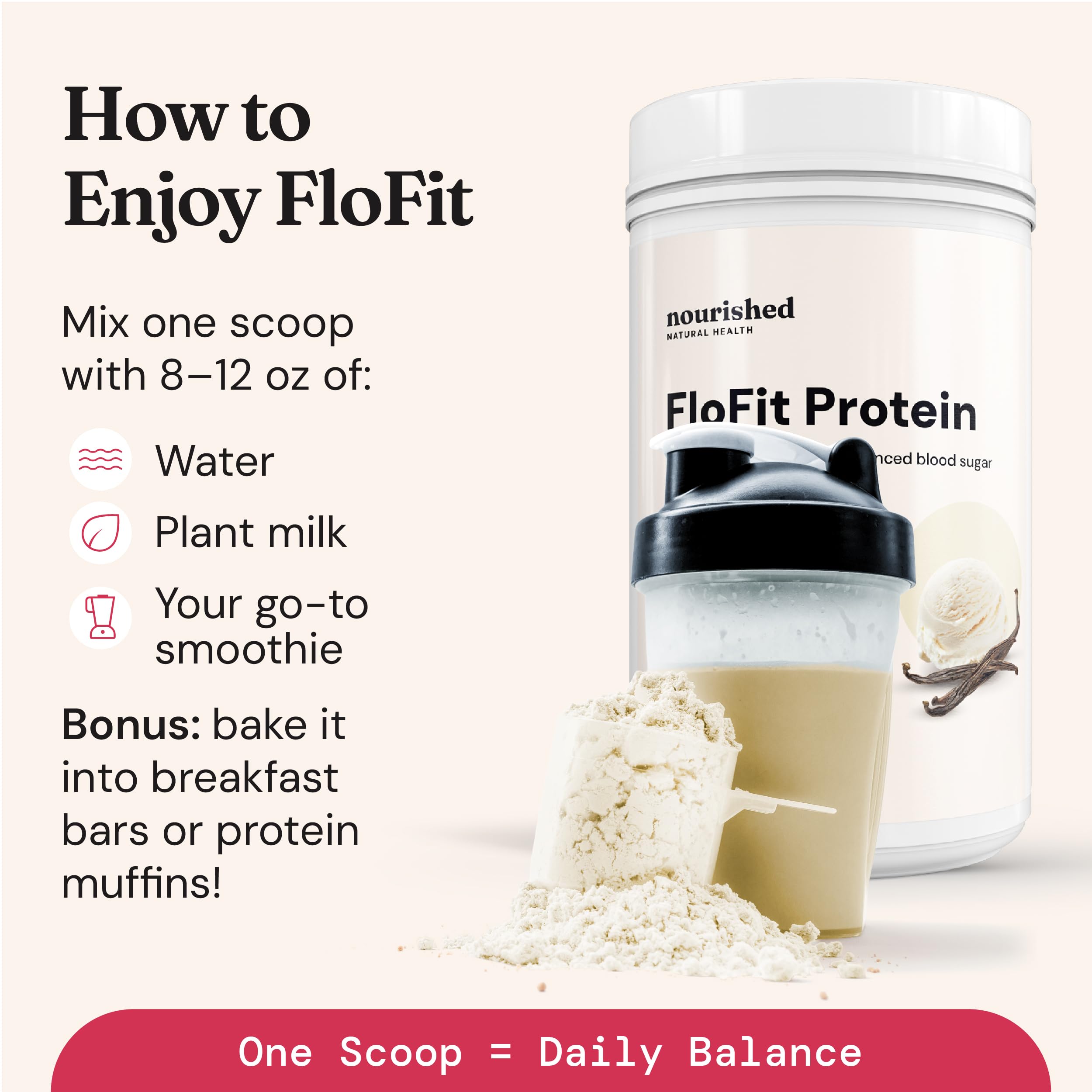 Nourished Natural Health FloFit label emphasizes low-carb nutrition for steady energy.