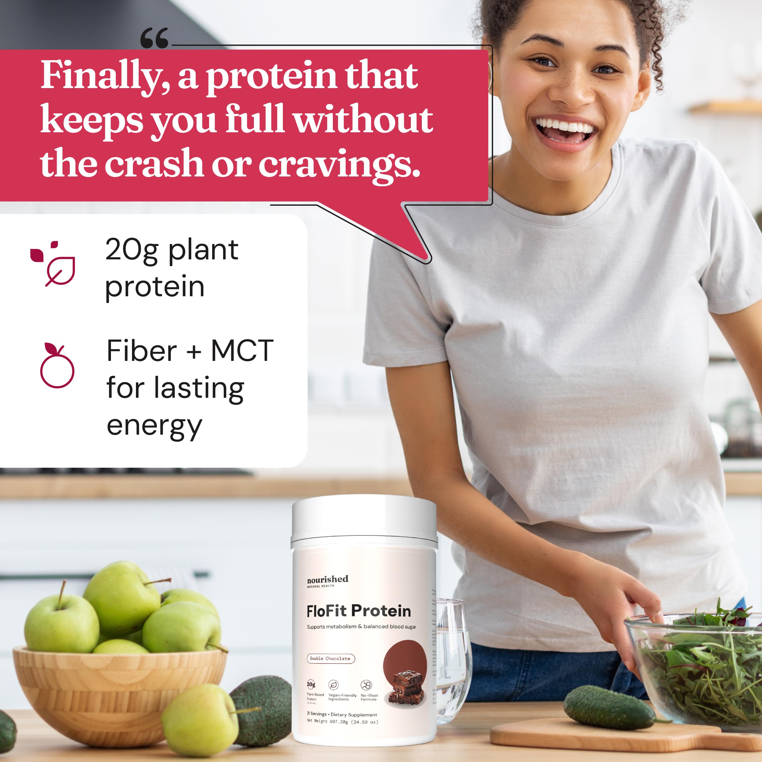 Close-up of FloFit label highlighting gluten-free and plant-based ingredients