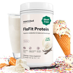 Nourished Natural Health FloFit protein powder tub front for balanced plant protein and daily energy.