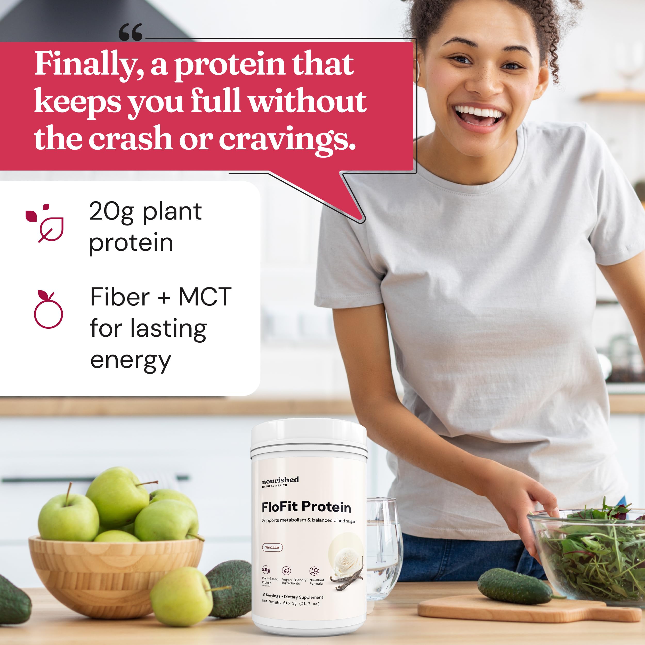 Nourished Natural Health FloFit scoop beside bag signaling craving control potential.