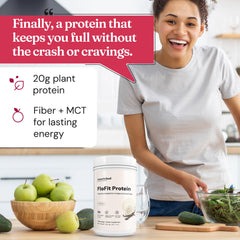 Nourished Natural Health FloFit scoop beside bag signaling craving control potential.