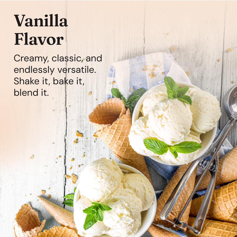 Nourished Natural Health FloFit vanilla shake poured into glass with blurred background.
