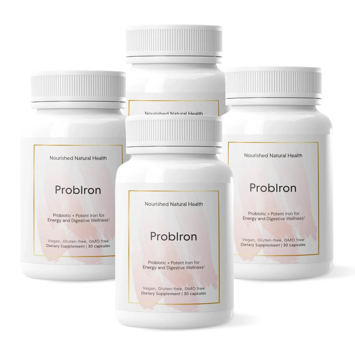 Nourished Natural Health ProbIron bottle label showing vegan iron support for energy and digestion